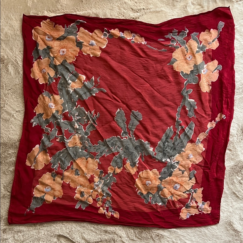 Vintage Vera Designer Floral Red, Orange, Grey Silk Scarf